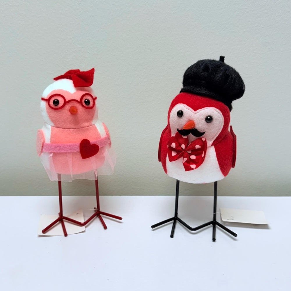 New! Set of 2 Red, White, and Pink Bird Figurines with Wire Legs